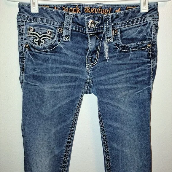 🪨 Rock Revival Allegra Skinny Jeans W/Leather Embroidered Flap Pockets size 25 - Picture 15 of 16